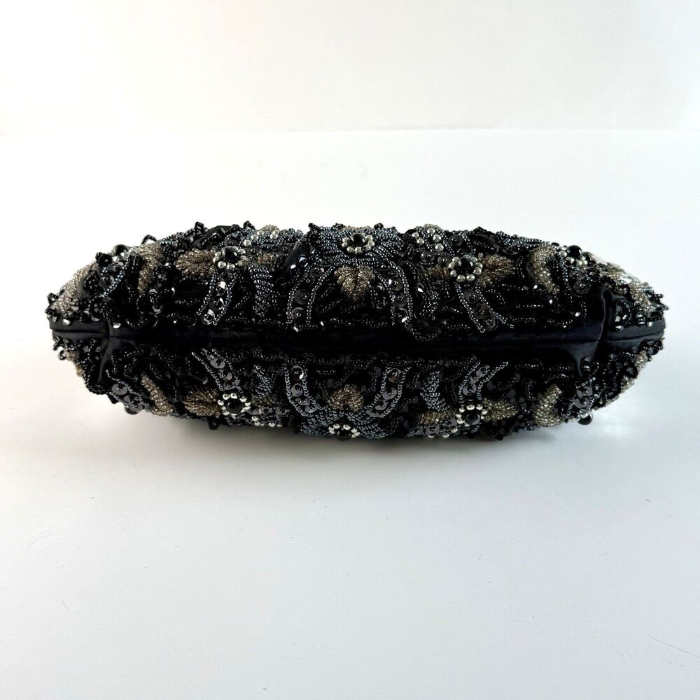 LEXI Int'l Black Satin Sequin Beaded Tortoise Handled Evening Clutch Purse Retro - Picture 8 of 13